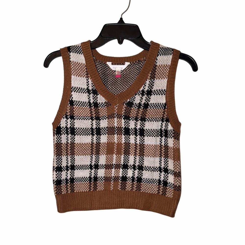 No Boundaries Women XS Tierra Brown Plaid V Neck Sweater Vest Preppy